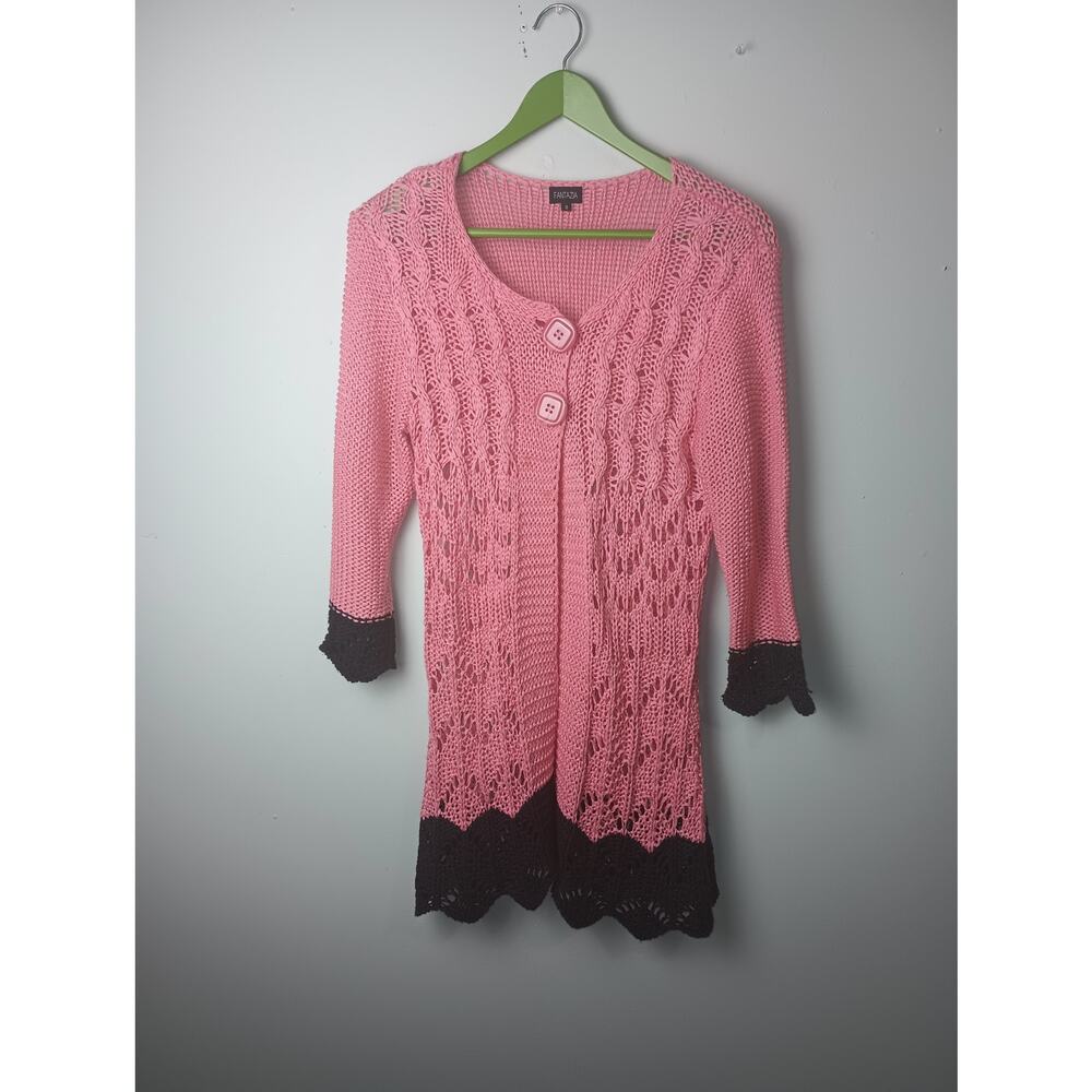 Fantazia Pink Pointelle Knit Button Front Cardigan Scalloped Small‎ Lagenlook